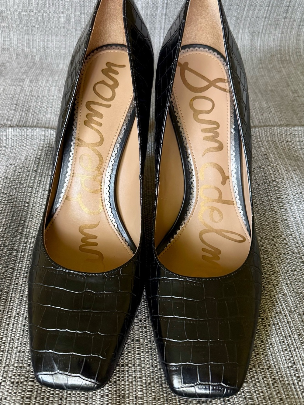 Sam Edelman Black Croc-Embossed Square Toe Pumps - Picture 3 of 8
